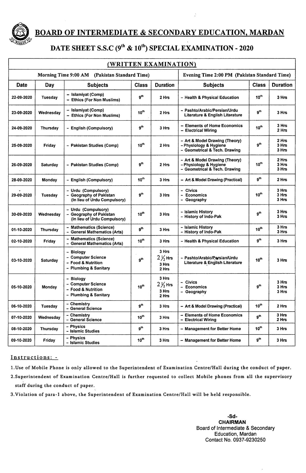 BISE Mardan Date Sheet Special Annual Exam 2020