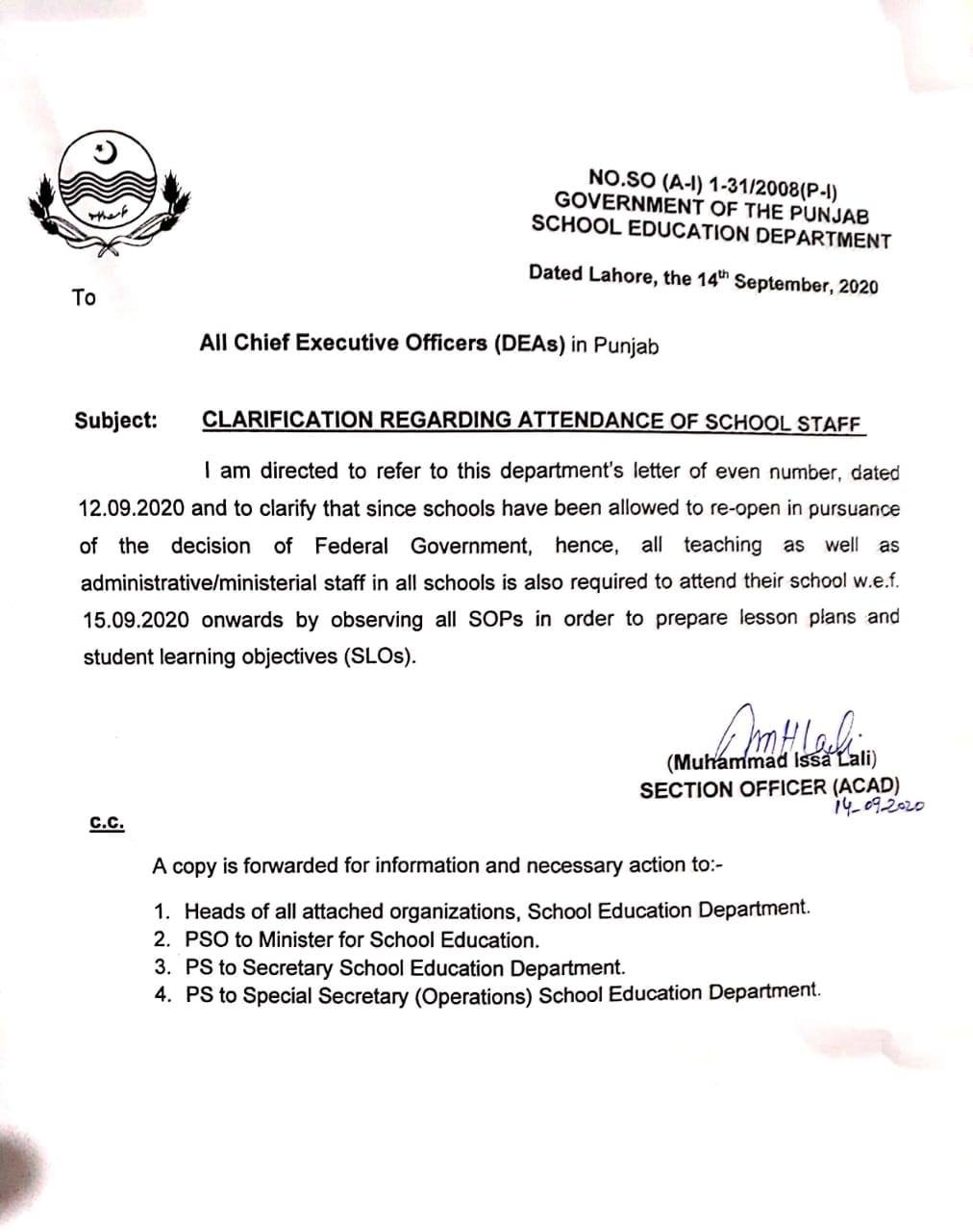 Clarification Regarding Attendance of School Staff by SED Punjab