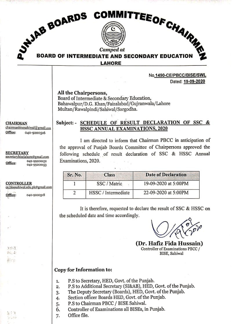 Date of Announcement of HSSC (Intermediate) Annual Result 2020 Punjab Boards