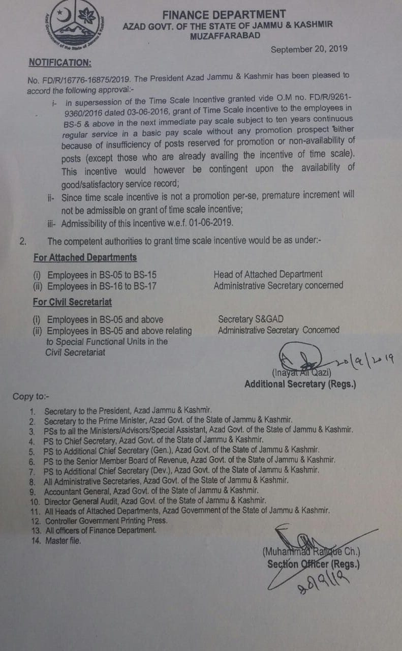 Grant of Time Scale Incentive to the Employees of BPS-05 & Above AJK