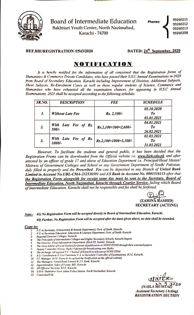 Registration Schedule HSC Annual Examination 2021 BIE Karachi