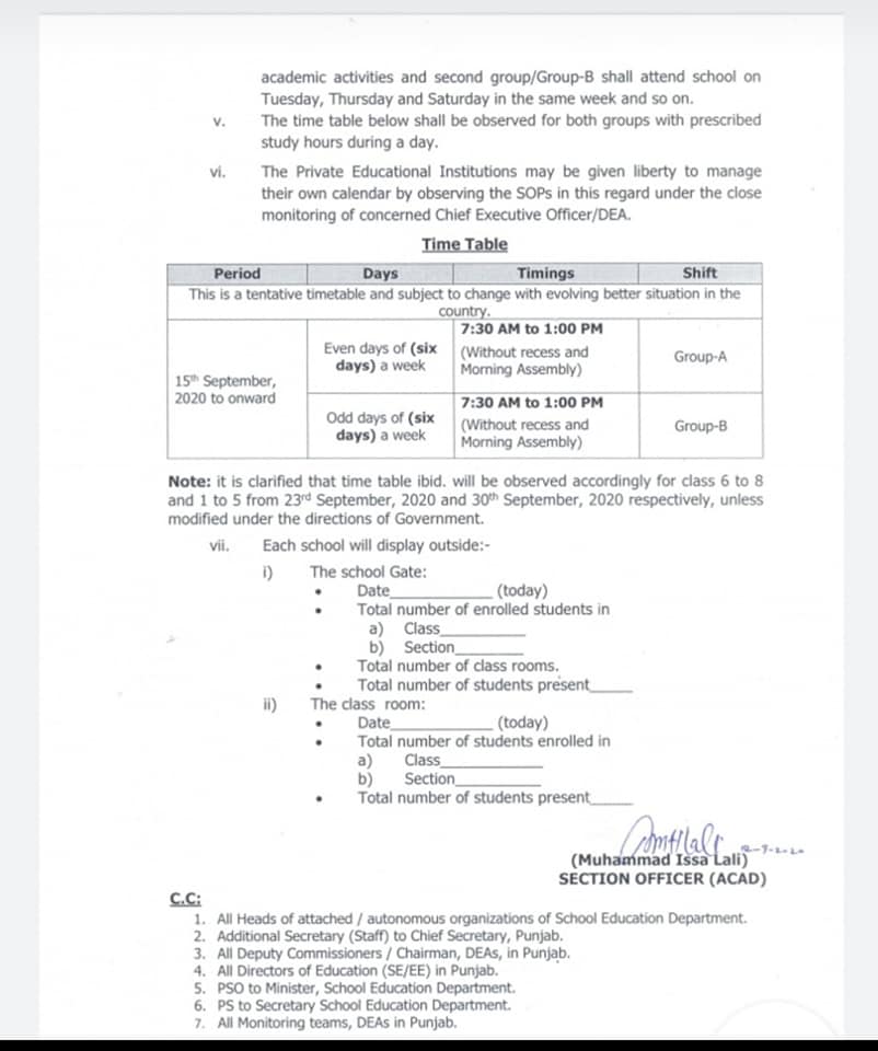Time Table for Opening Schools in Punjab 2020