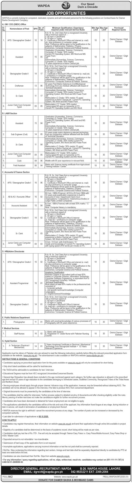WAPDA Job Opportunities September 2020 through PTS