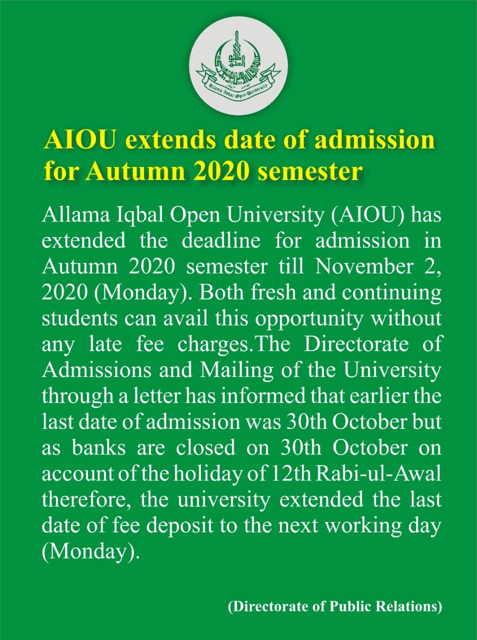 AIOU Extends Date of Admission for Autumn 2020 Semester