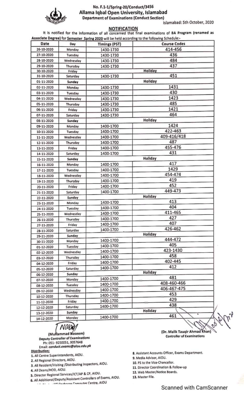 AIOU Islamabad Date Sheet for Final Examinations BA Program Spring 2020