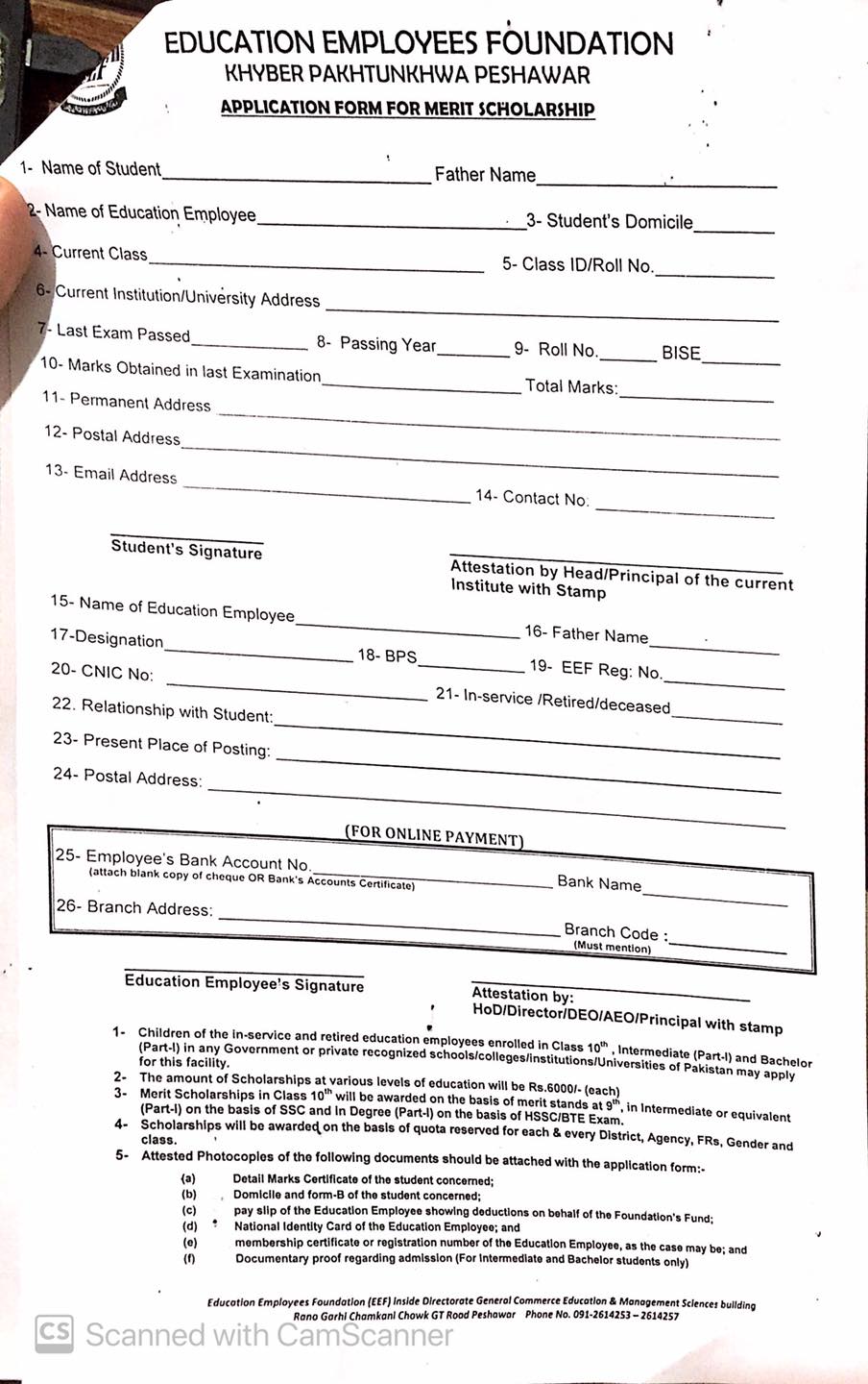Application Form for Merit Scholarship Education Employees Foundation KPK