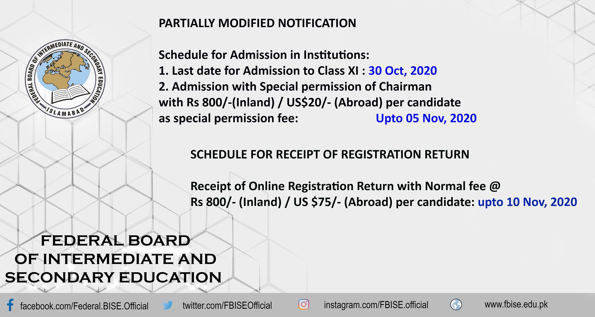 Further Revised Schedule of Registration 2020-22 Class XI Federal Board