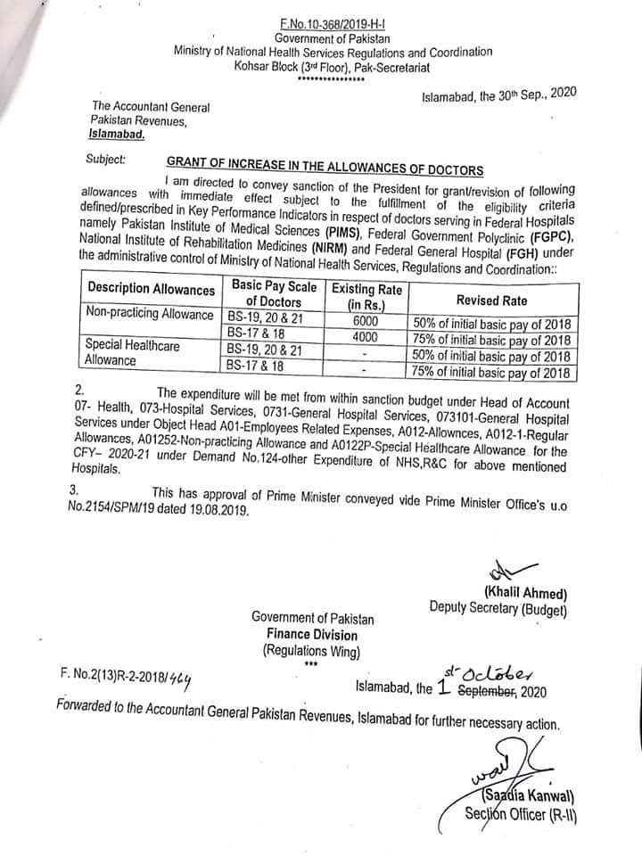 Grant of Increase in the Allowances of Doctors 2020