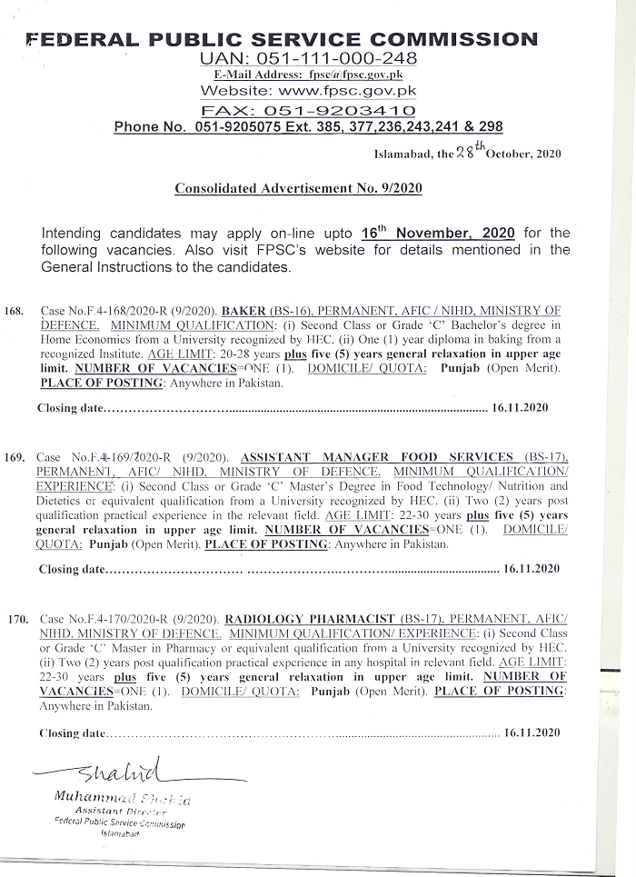 Latest FPSC Jobs Advertisement No. 09 of November 2020