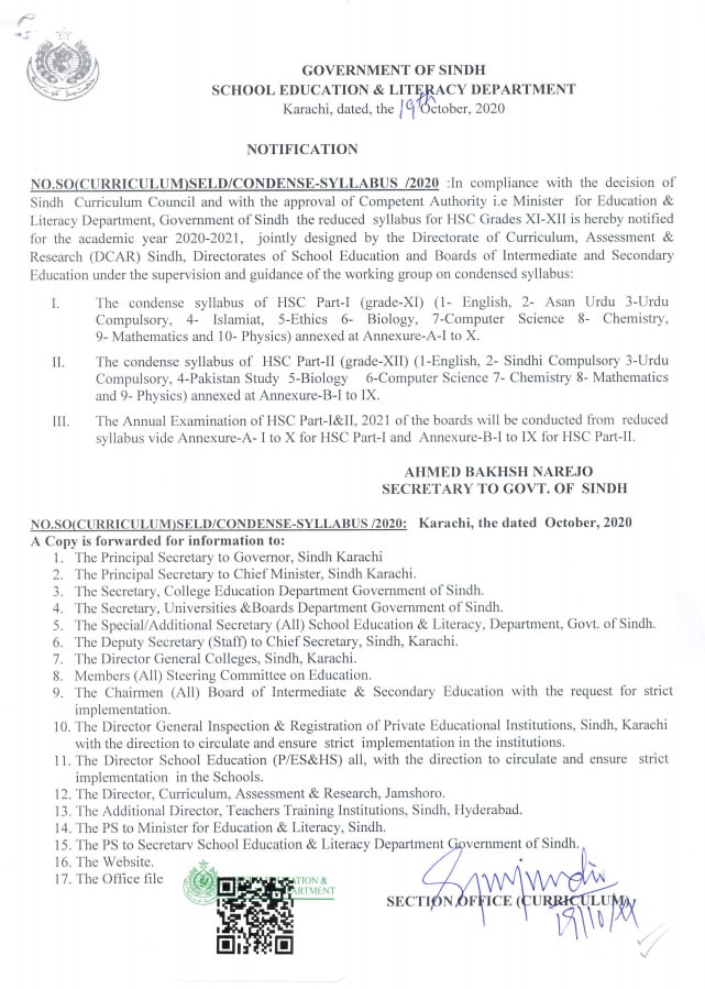 Reduced Syllabus for HSC Grades XI & XII 2020-21 Sindh