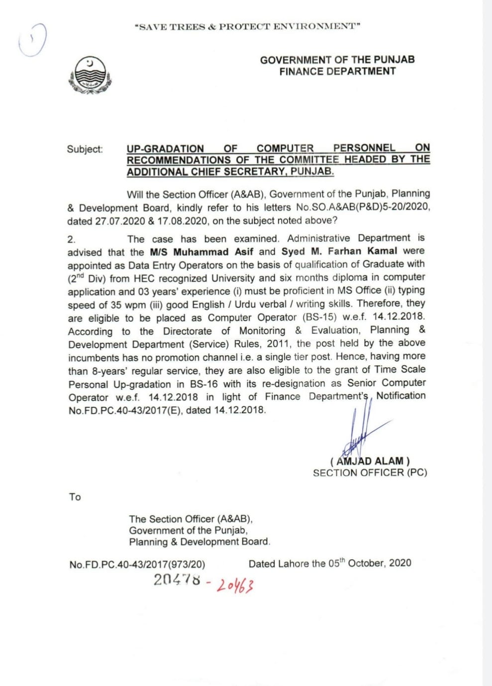 Up-gradation of Computer Personnel on Recommendations of the Committee