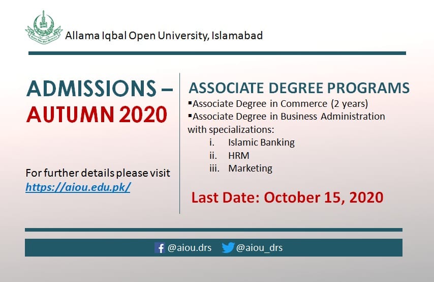AIOU Islamabad Admission Autumn 2020 in BS (Associate Degree)