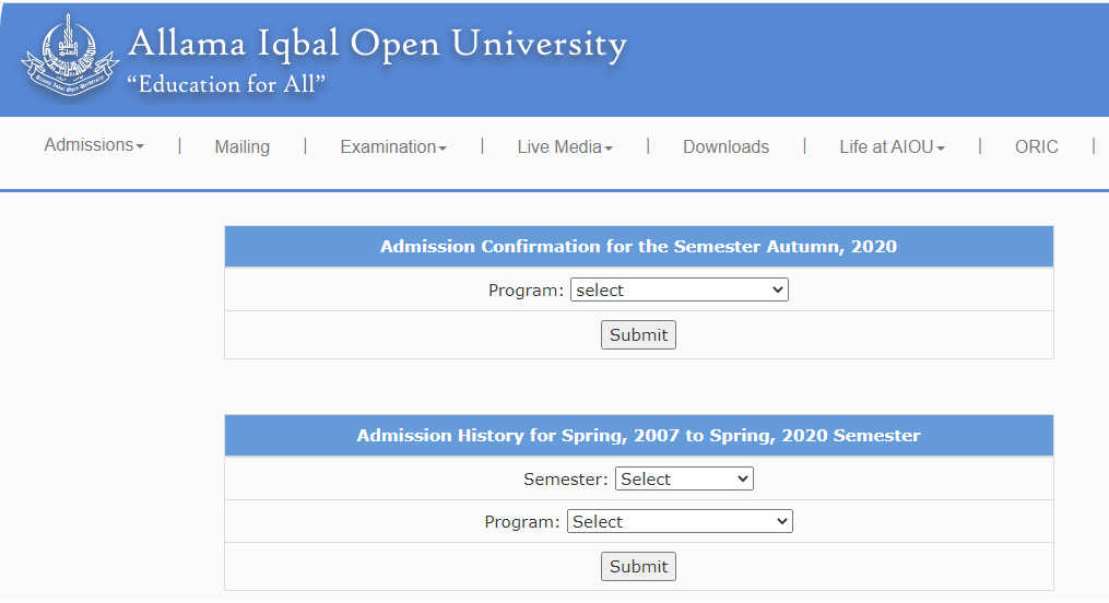 AIOU Admission Confirmation Process Semester Autumn 2020