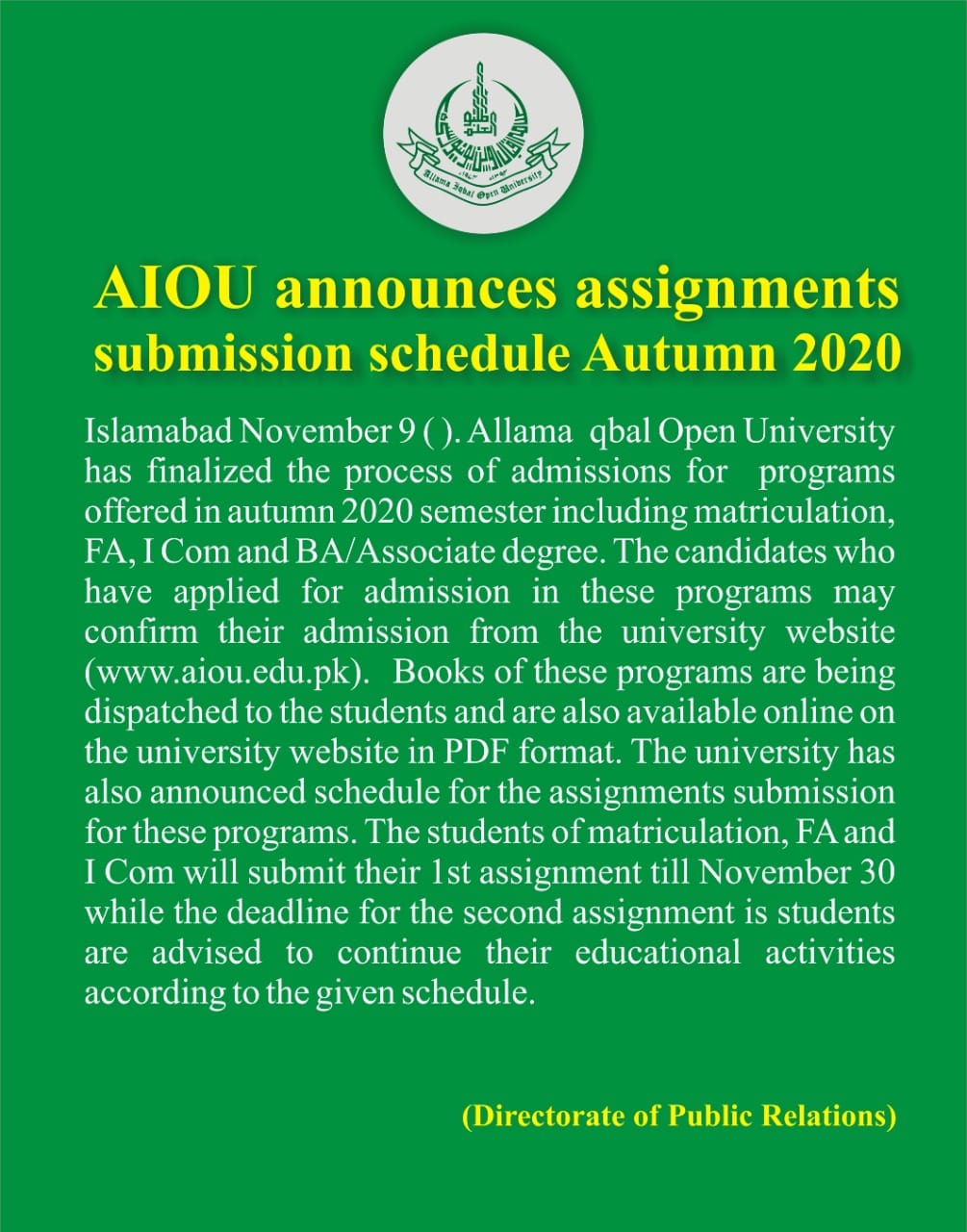 AIOU Islamabad Assignments Submission Schedule Autumn 2020
