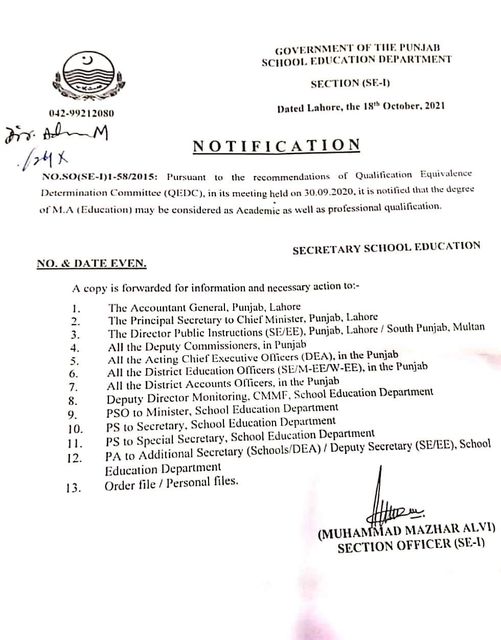 SED Punjab MA Education