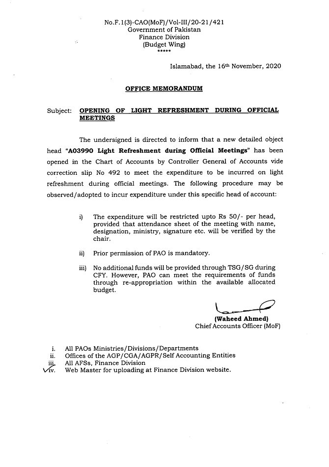 Notification of Opening of Light refreshment During Official Meetings