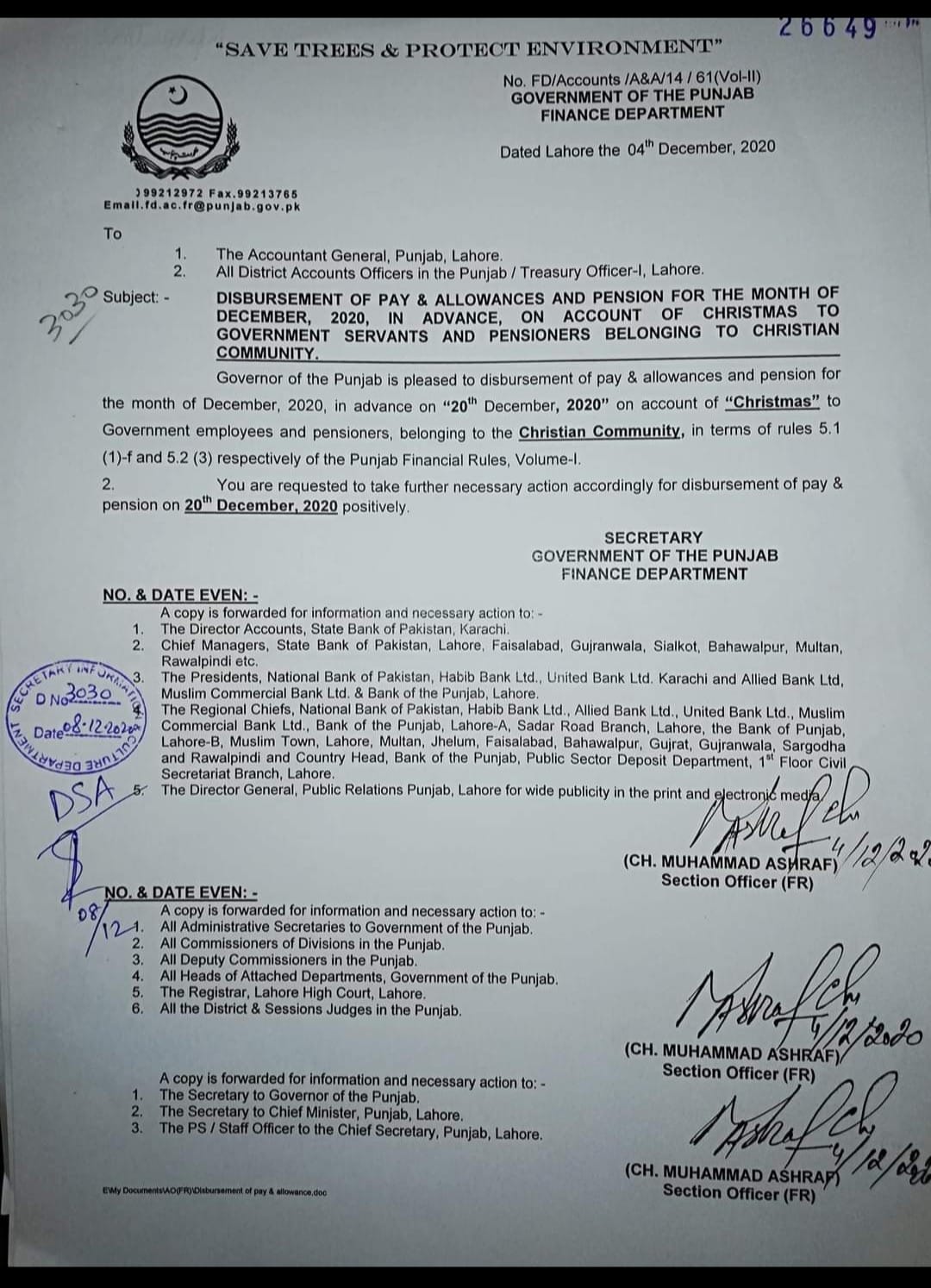 Advance Disbursement Salary December 2020 and Pension on Account of Christmas