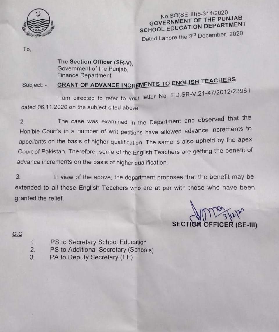 Advance Increments of Higher Qualification and English Teachers of Punjab