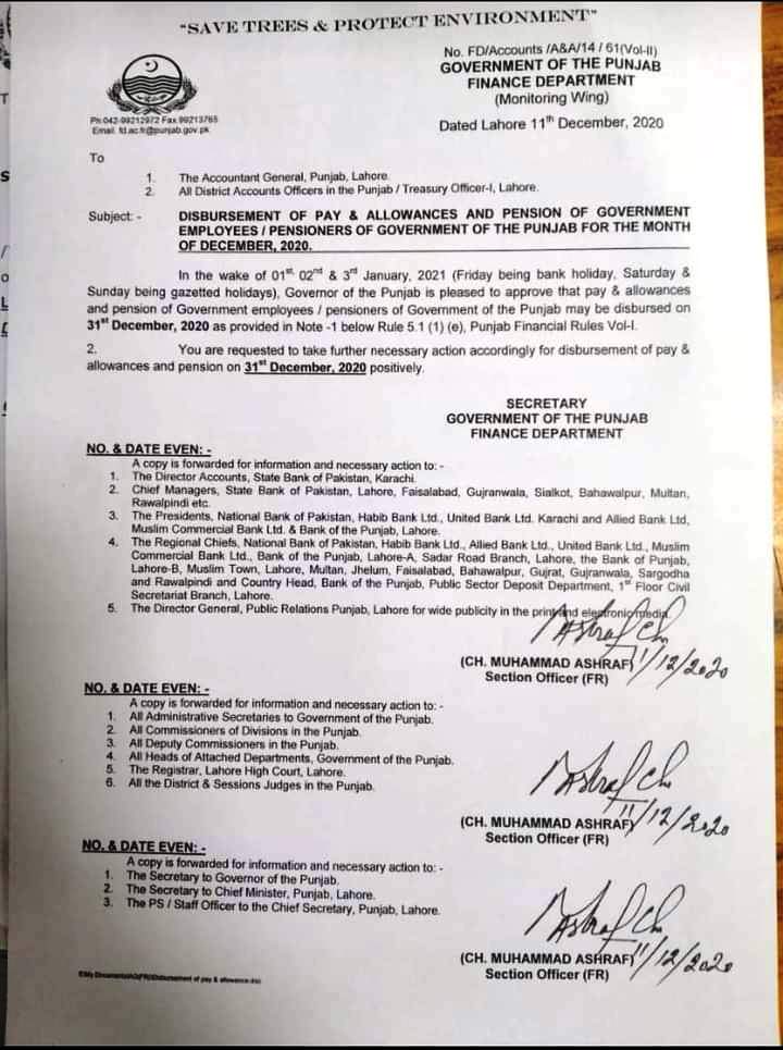 Grant of Advance Salary December 2020 to All Government Employees