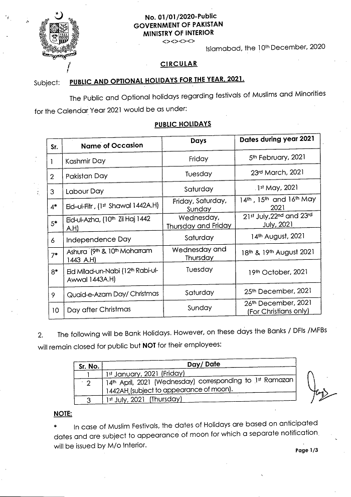 Public and Optional Holidays 2021 Regarding Festivals of Muslims and Minorities