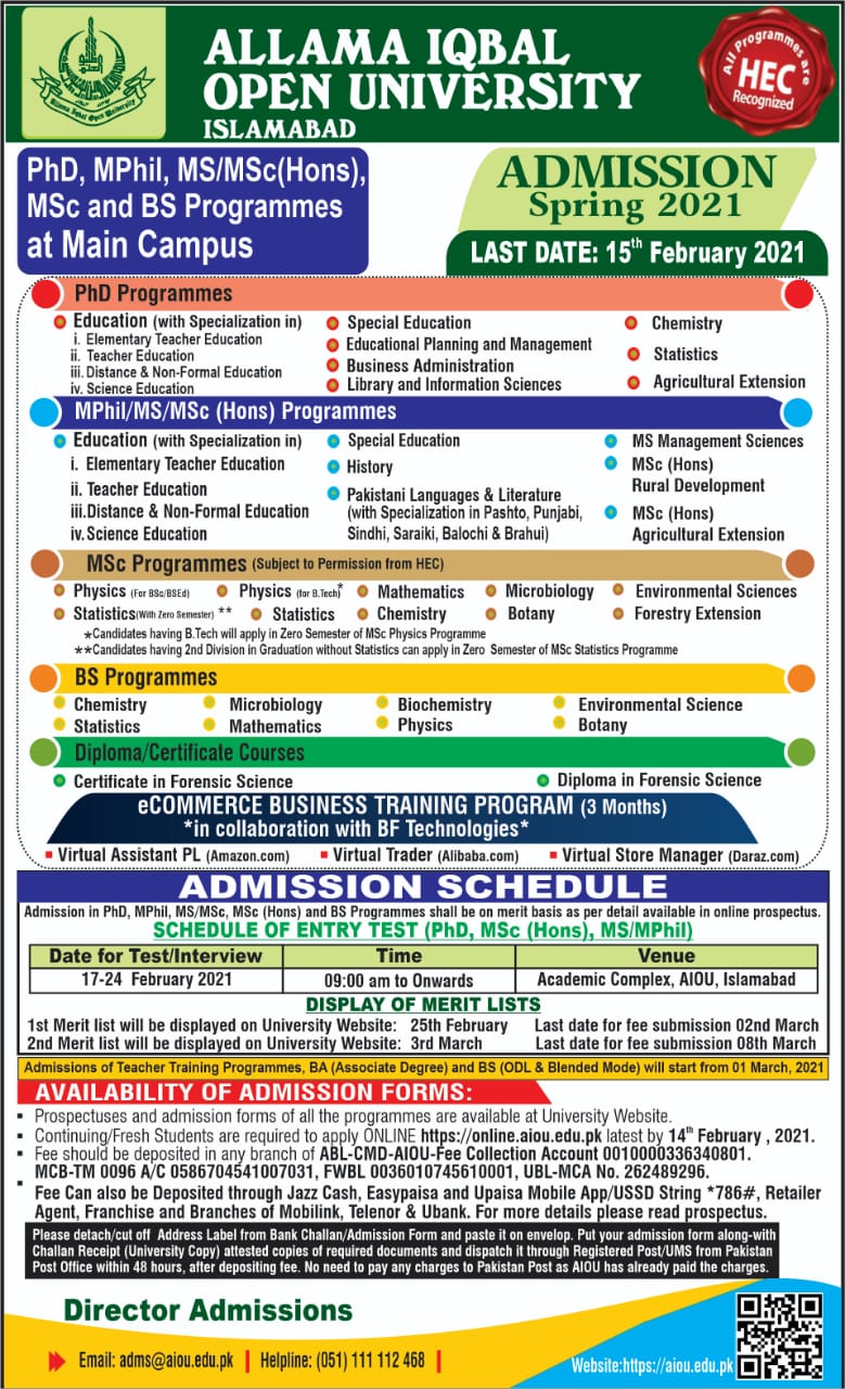 Admission Allama Iqbal Open University Spring 2021