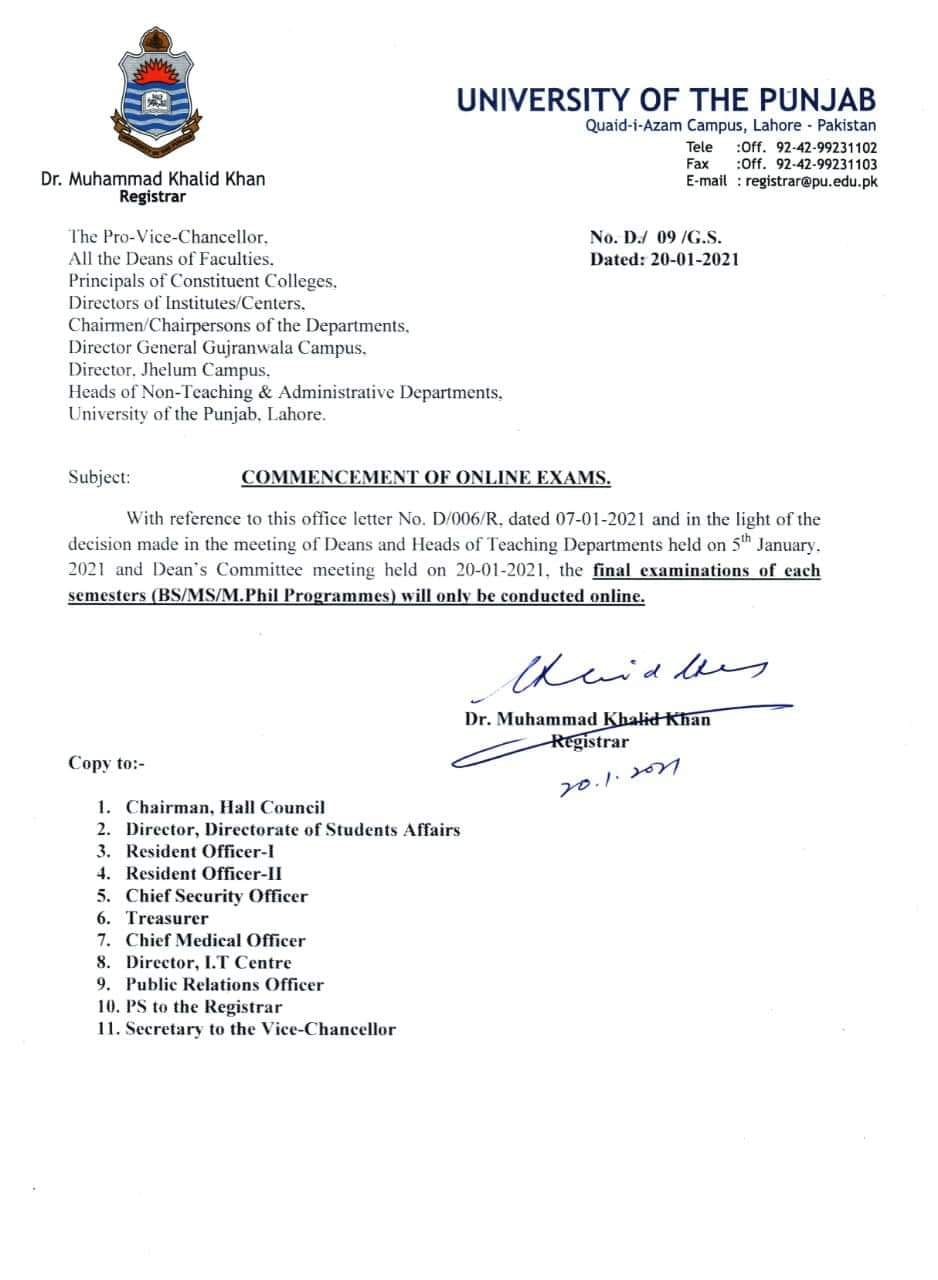 Notification of Commencement Online Annual Exams for Each Semester BS/MS/M.Phil Programs Punjab University