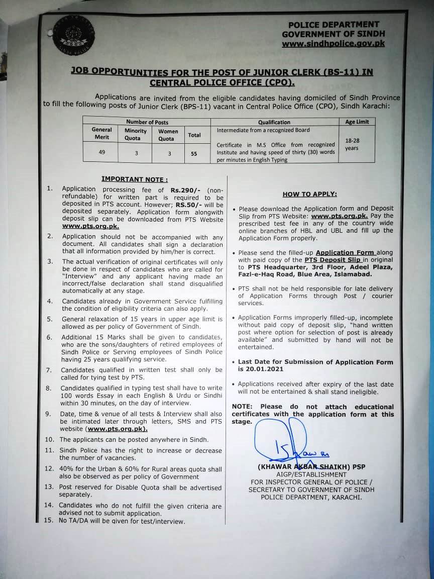Junior Clerks Jobs in Sindh Police (CPO) Through PTS