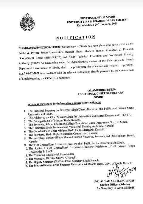 Notification of Re-Opening Educational Institutions in Sindh wef 1st Feb 2021