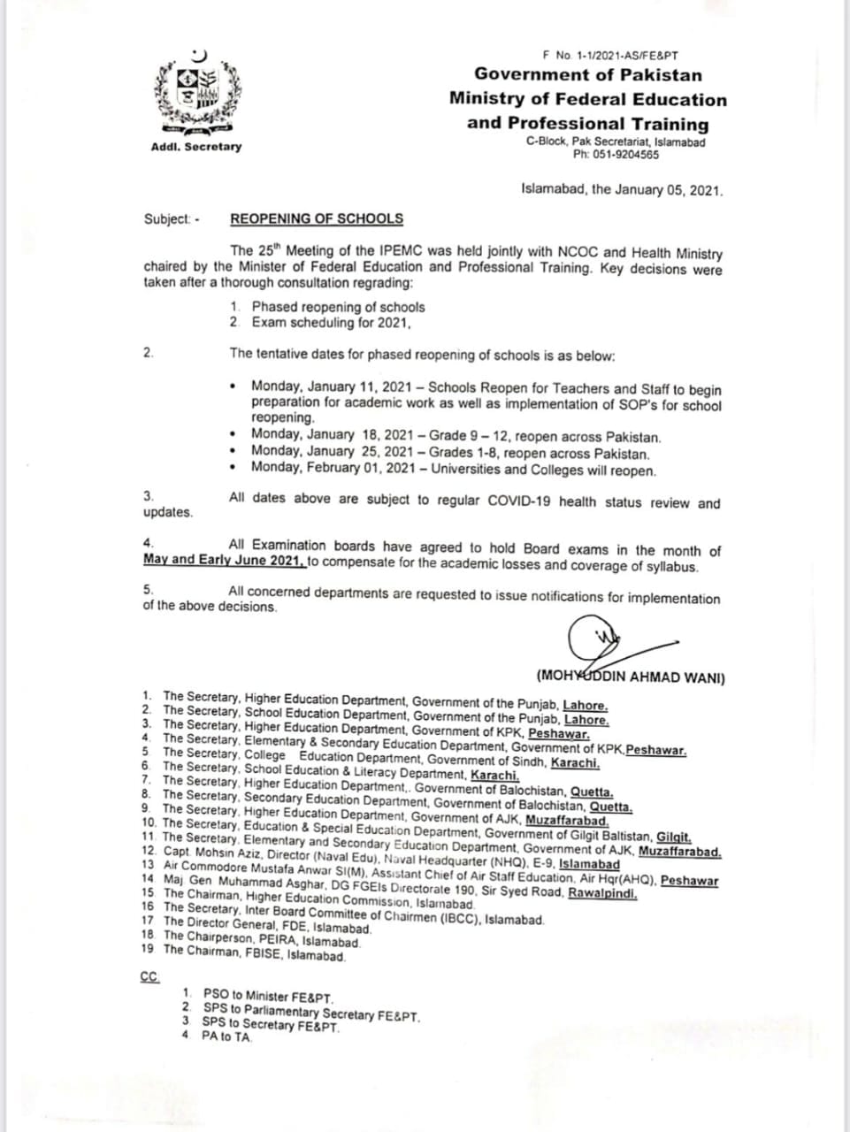 Notification of Reopening of Schools wef 11-01-2021 by Federal Government