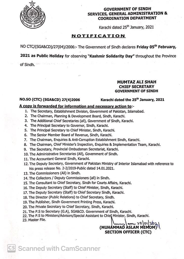 Sindh Government Notification of Public Holiday on Friday 05-02-2021