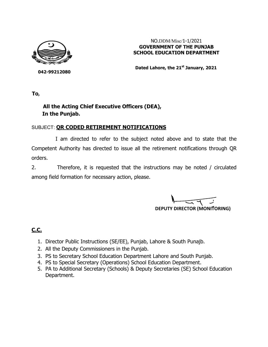 QR Coded Retirement Notification SED Punjab