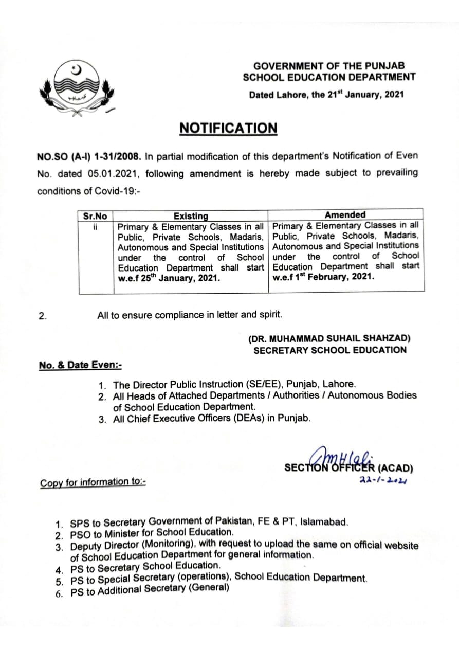 Revised Schedule of Starting Middle and Primary Classes in Punjab Schools