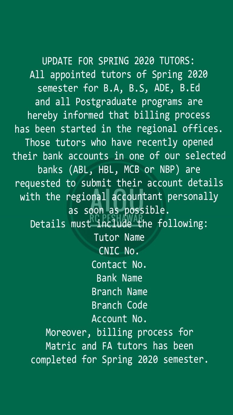 Updates for Spring 2020 AIOU Tutors