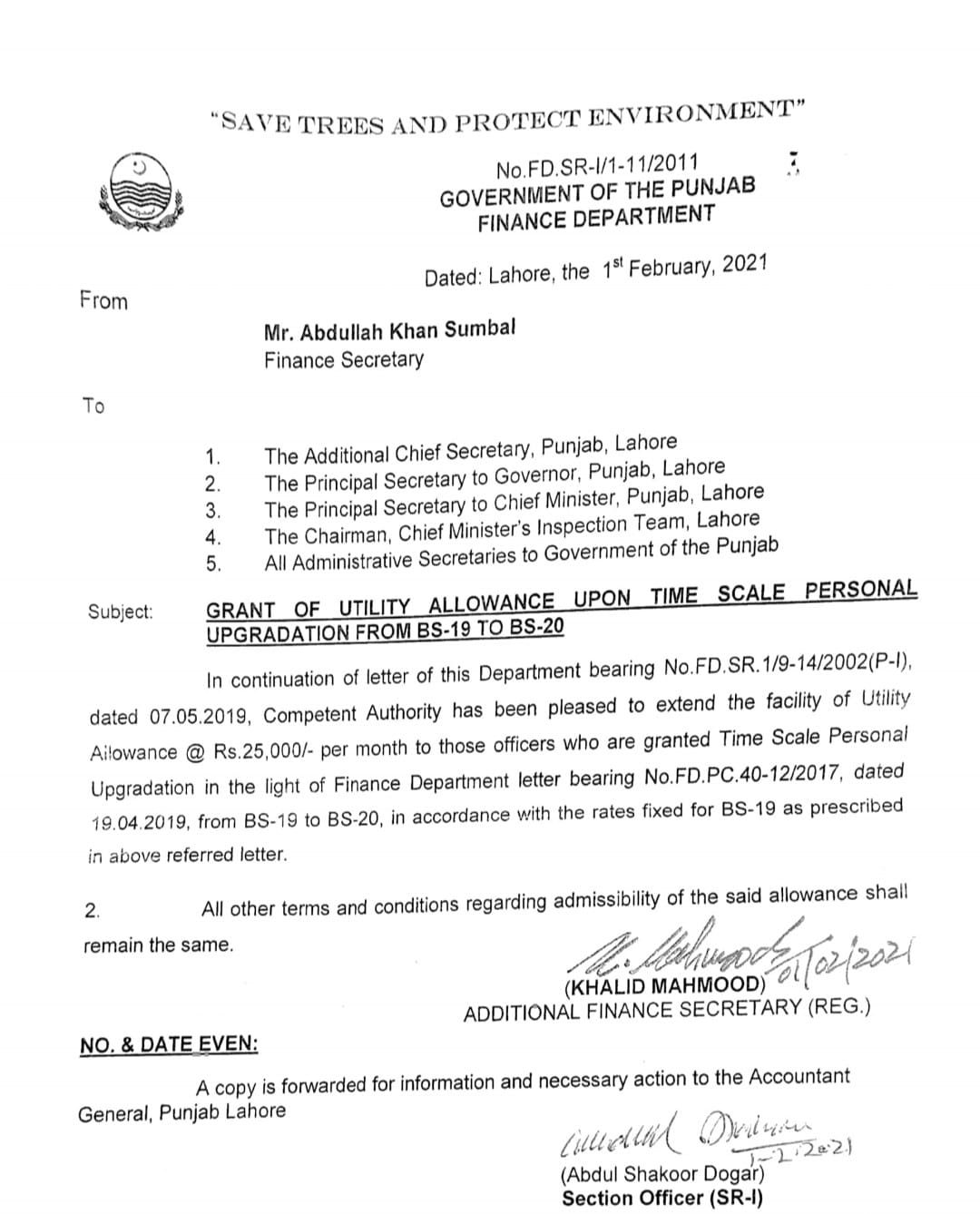 Grant of Utility Allowance Upon Time Scale Personal Upgradation Sindh