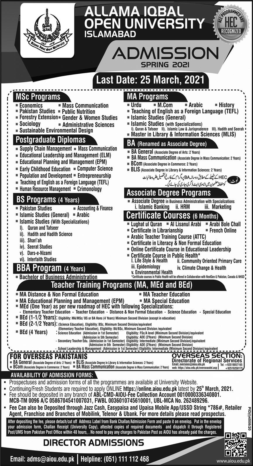 AIOU Admission in Bed, MA, BS, BA, Certificate Courses Spring 2021