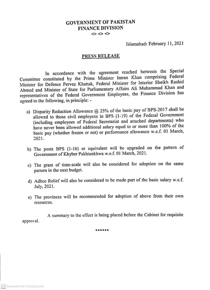 Finance Division Summary for Adhoc Relief Allowance and Upgradation of Clerical Staff on 11-02-2021