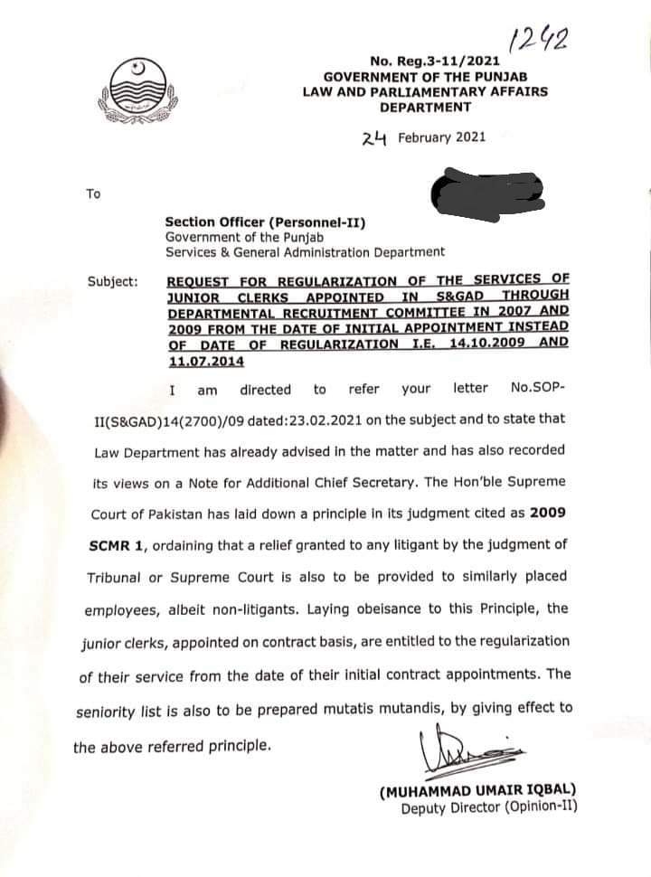 Junior Clerks Regularization from Date of Initial Appointment Instead of Immediate Effect