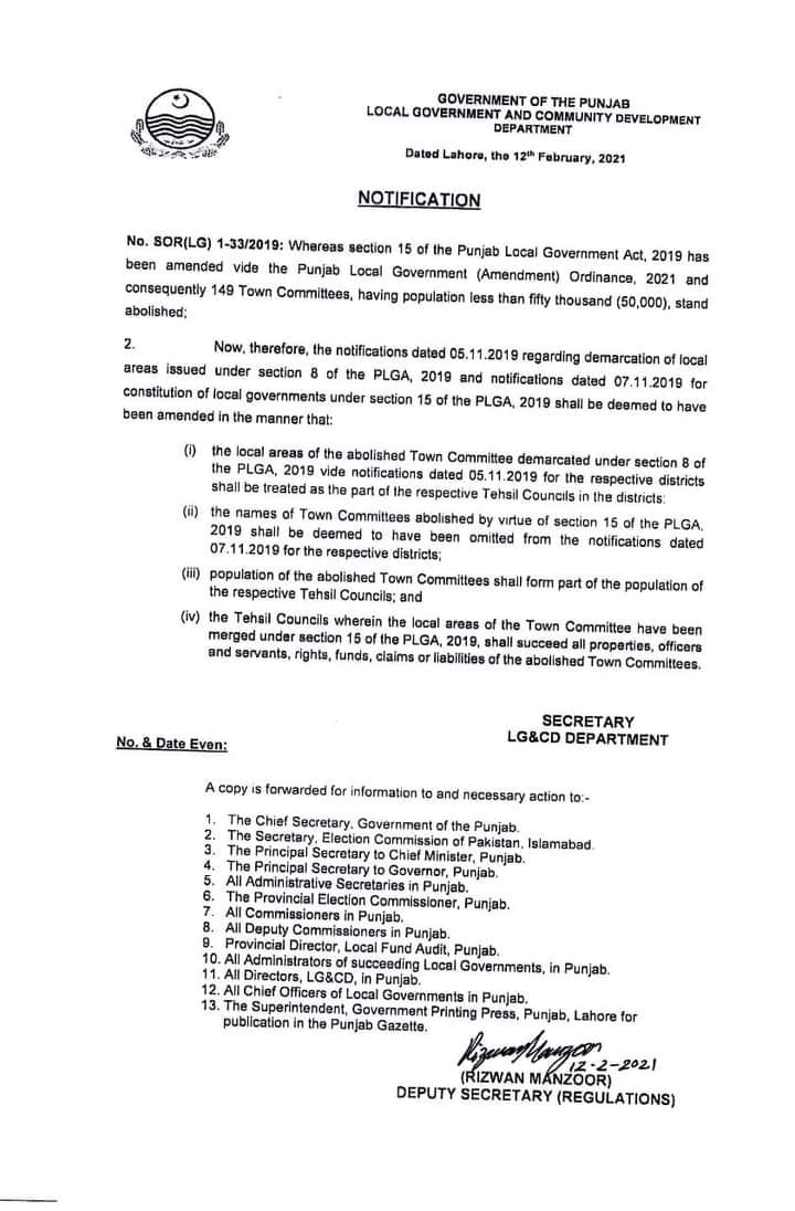 Notification of Abolishment 149 Town Committees having less than 50000 Population