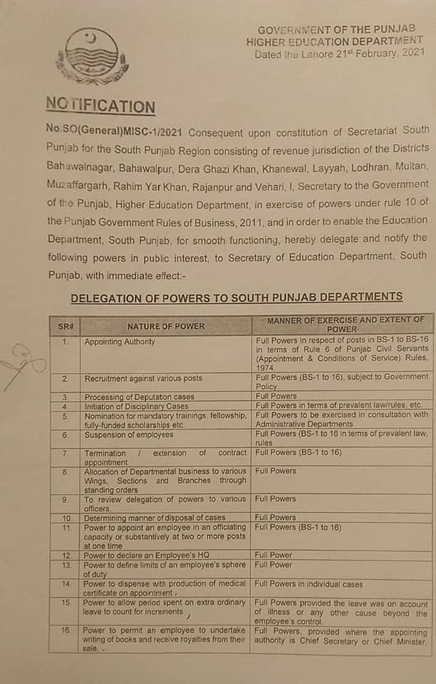 Powers of Secretary Education Department South Punjab