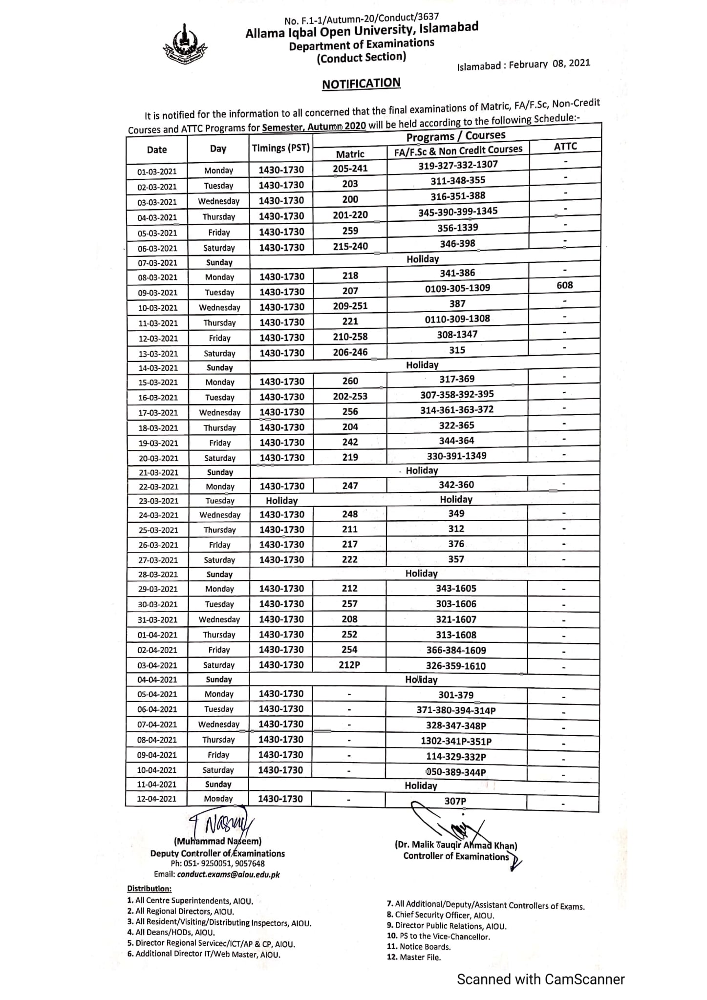 Semester Autumn 2020 AIOU Date Sheet Matric, FA/F.Sc/Non Credit Courses and ATTC Programs