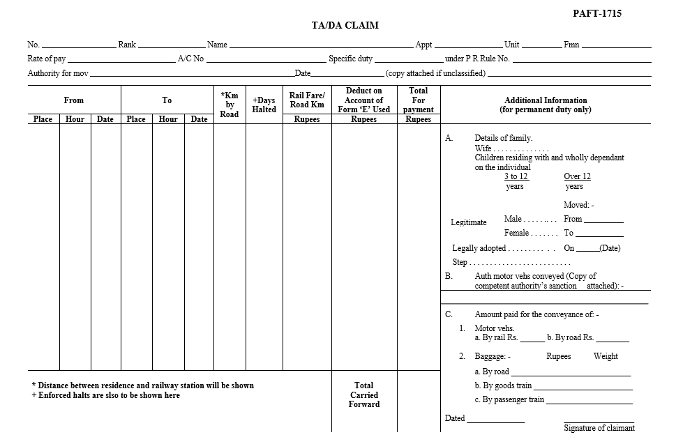 TA DA Bill Form in MS Excel and PDF Federal and Provincial Employees