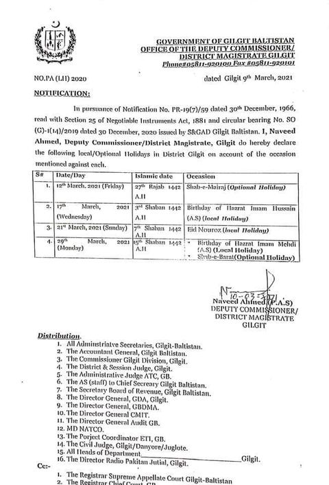 4 Local / Optional Holidays in March 2021 in Gilgit