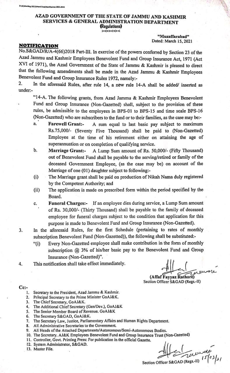 Amendment in Marriage, Farewell and Funeral Grant (BF & Group Insurance Rules 1972) AJ&K