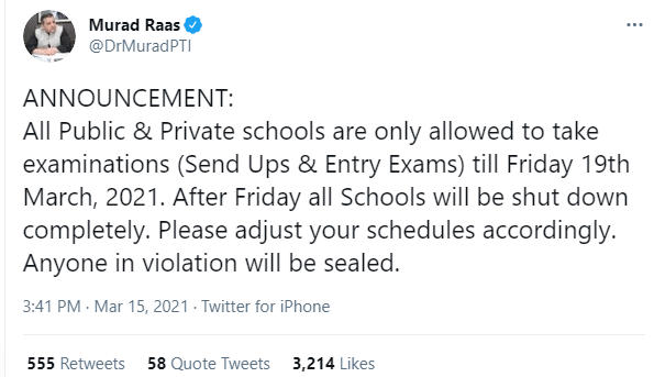 Closing of Sends Up & Entry Tests in schools till 19th March 2021