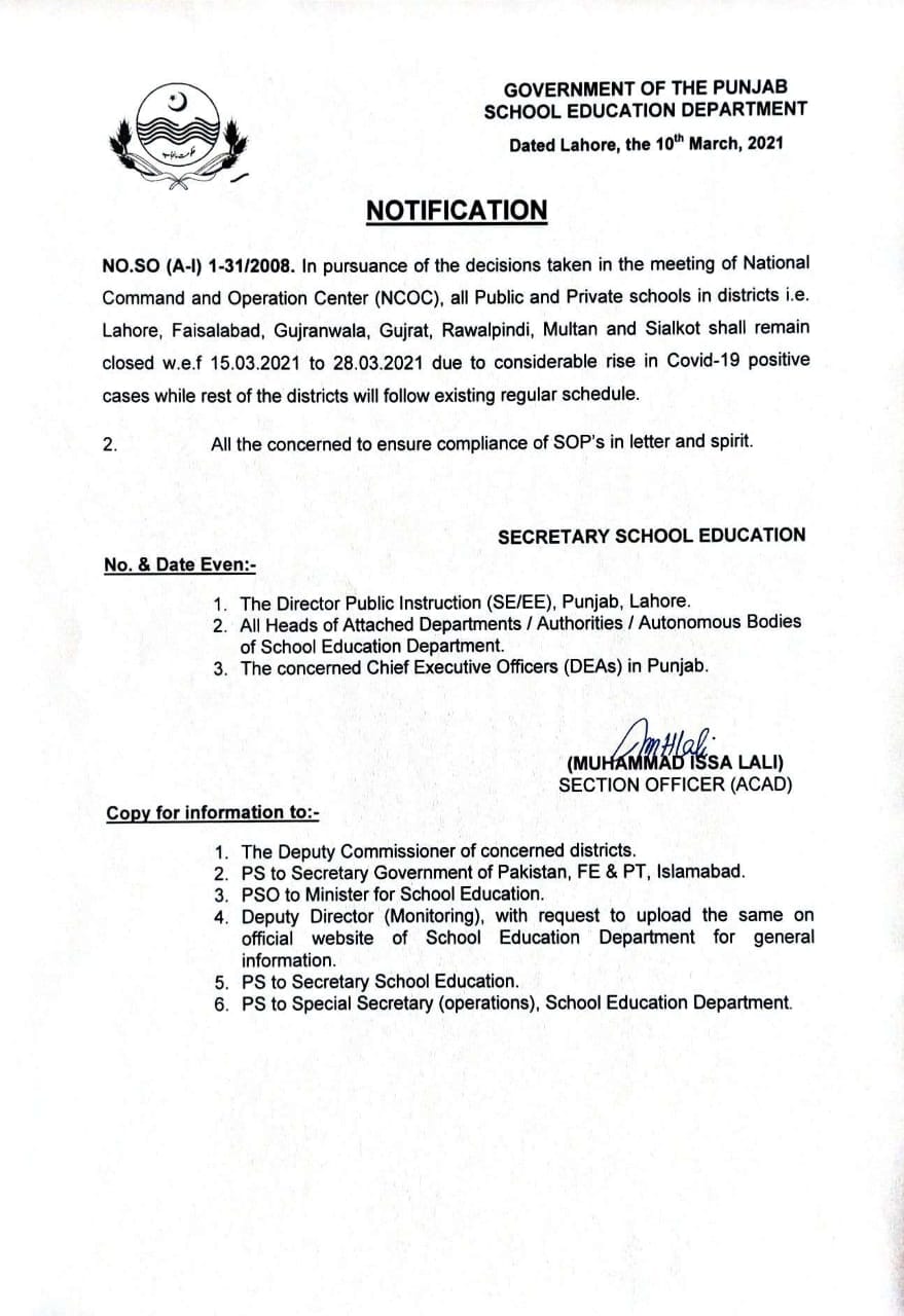 Notification of Spring Holidays 2021 / Closing of Educational Institutions