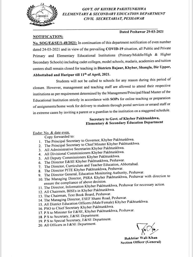 Notification of Holidays in 6 More Districts of KPK till 11th April 2021