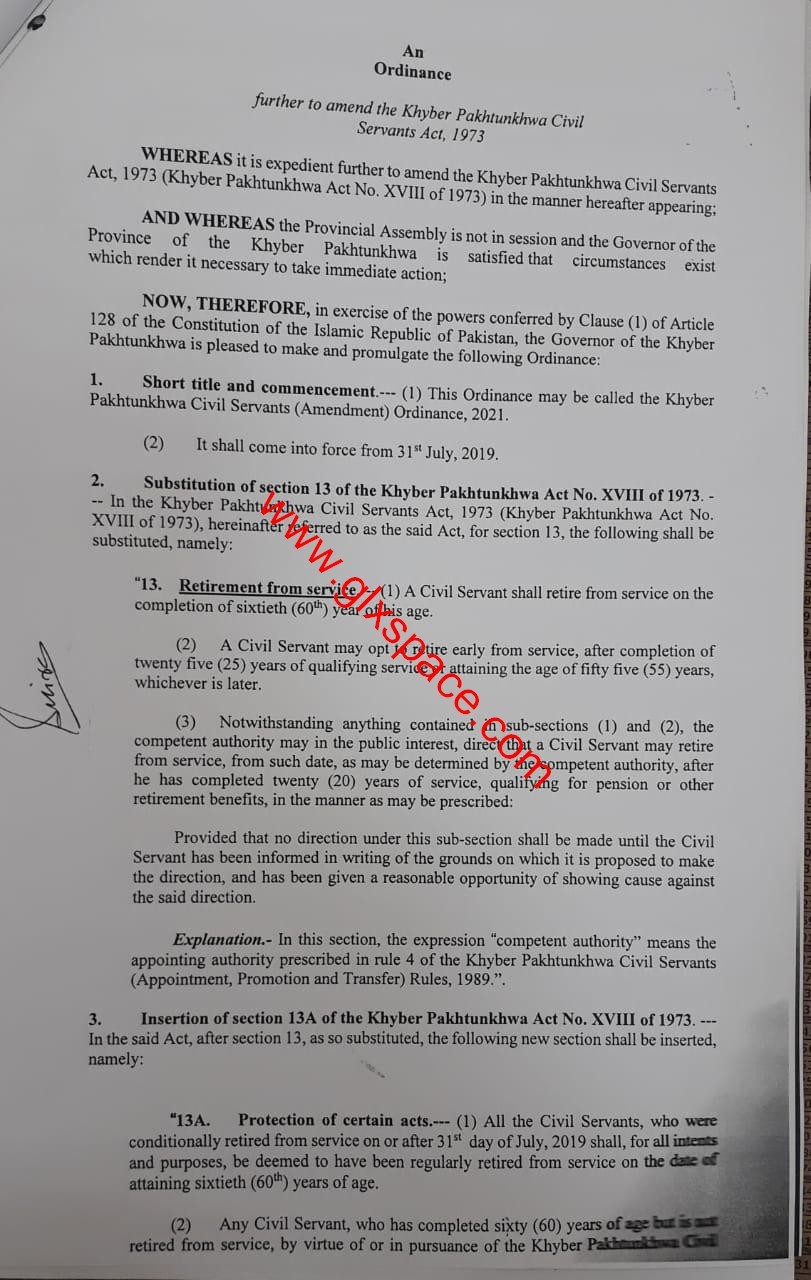 KP Civil Servants (Amendment) Ordinance 2021 (Retirement from Service)
