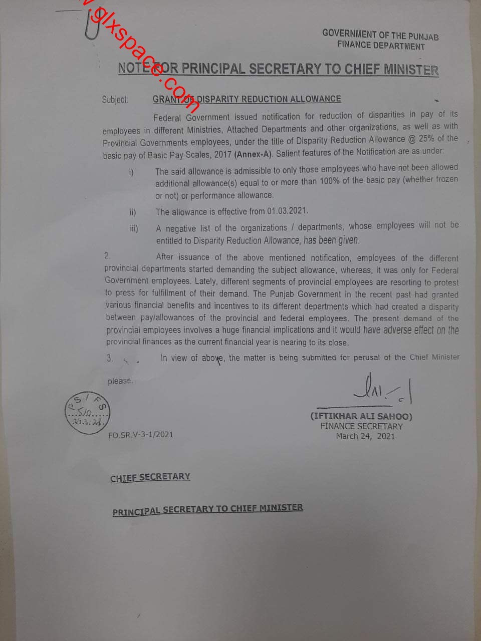 Letter Regarding Disparity Reduction Allowance Punjab Govt Employees