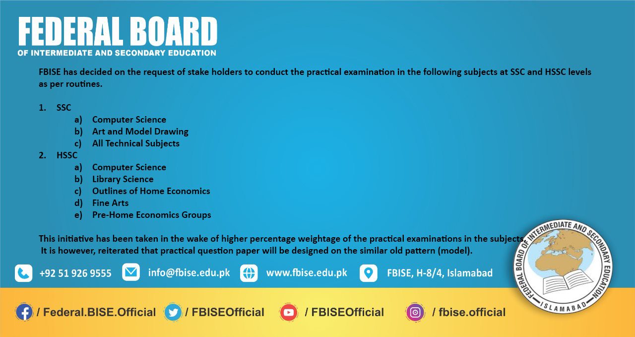 Notification to Conduct Practical Examinations SSC and HSSC by FBISE Islamabad