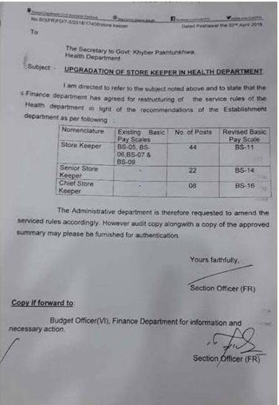 Restructuring and Upgradation of Store Keepers Posts in Health Department KP